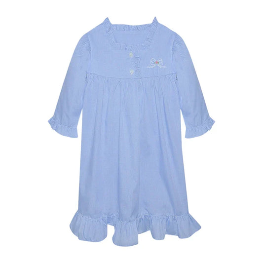 RN Harper Blue Microcheck Nightgown-Bows