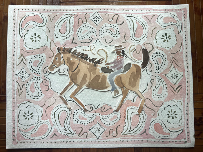 Rodeo Horse in Pink, Original 11x14 (discounted due to paint smudges on edge--see photos)