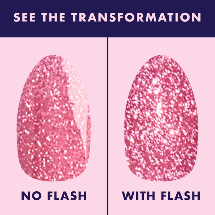 Rosé Rhymes with Partay Gel swatch showing cool-toned pink flash glitter polish without and with flash for sparkling mani