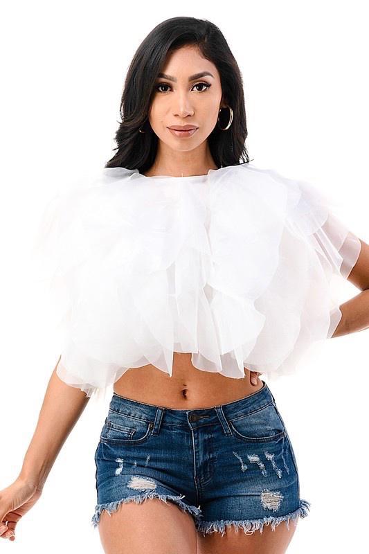 Ruffle Tulle Crop Top- Black, White and Fuchsia