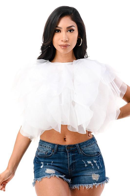 Ruffle Tulle Crop Top- Black, White and Fuchsia