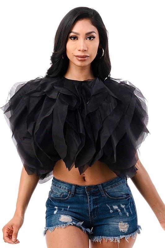 Ruffle Tulle Crop Top- Black, White and Fuchsia