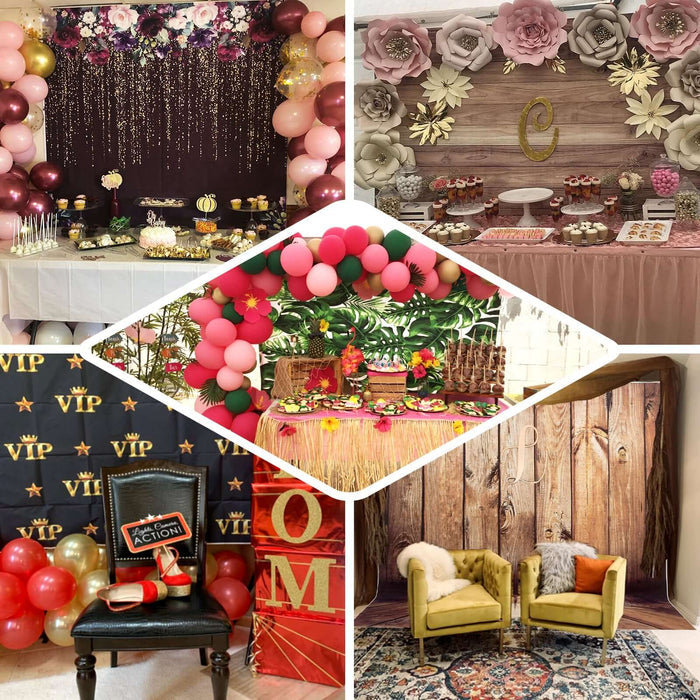 Colorful party decoration setups with balloons, flowers, and dessert displays.