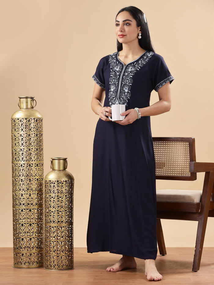 Premium Midnight Blue Floral Nighty for Women