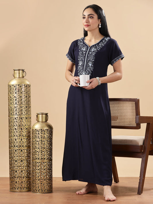Premium Midnight Blue Floral Nighty for Women