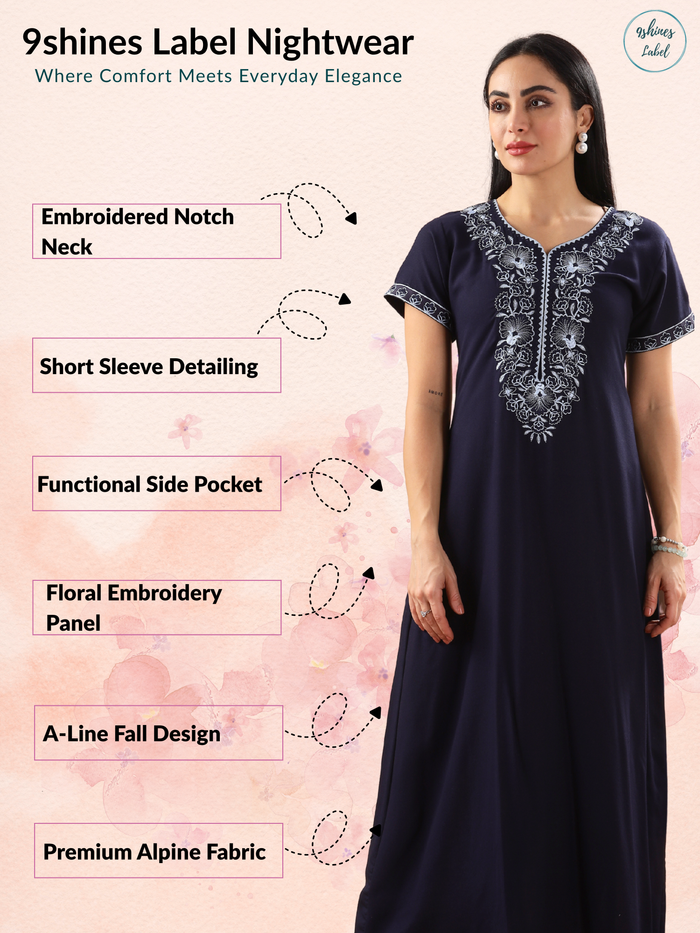 Sadabahar Midnight Blue Nighty with Stylish Embroidery Details