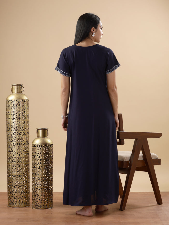 Premium Midnight Blue Floral Nighty for Women