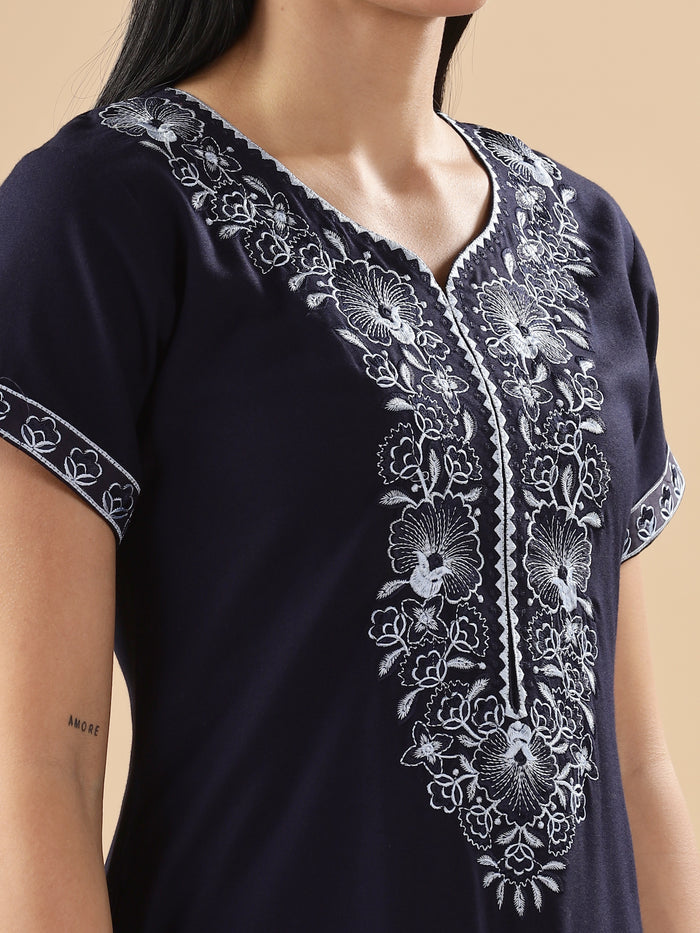 Premium Midnight Blue Floral Nighty for Women