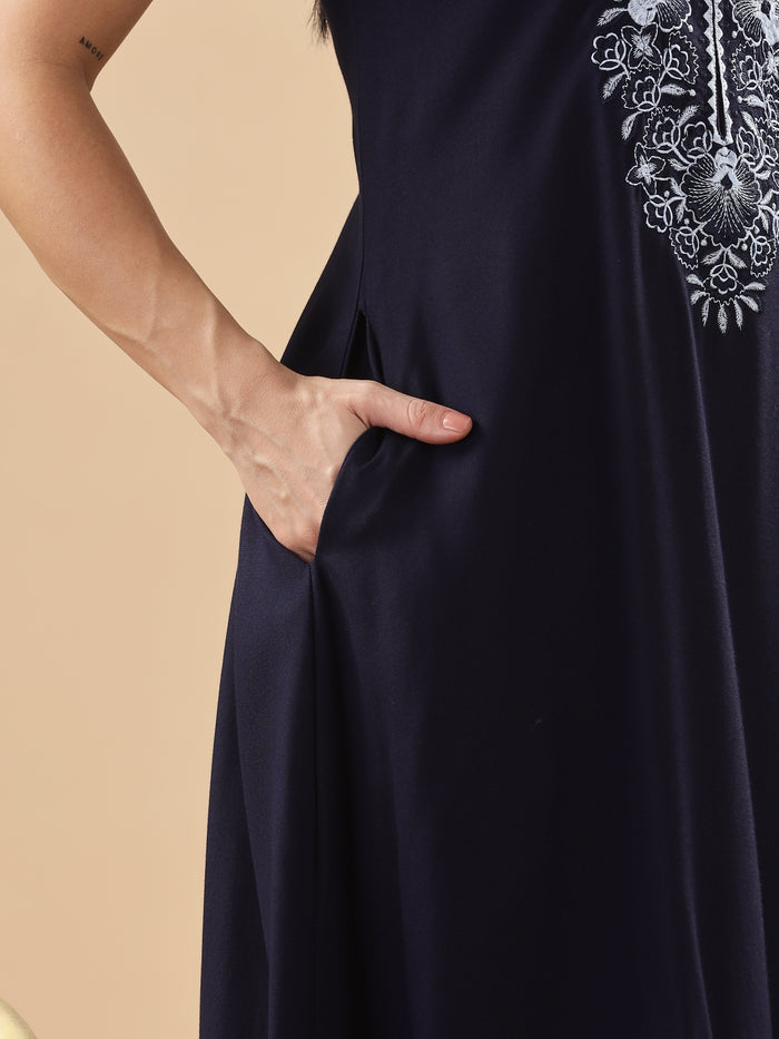 Premium Midnight Blue Floral Nighty for Women
