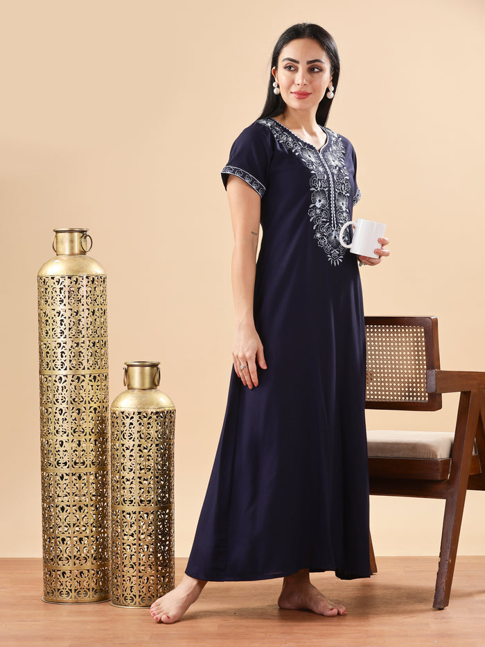 Premium Midnight Blue Floral Nighty for Women