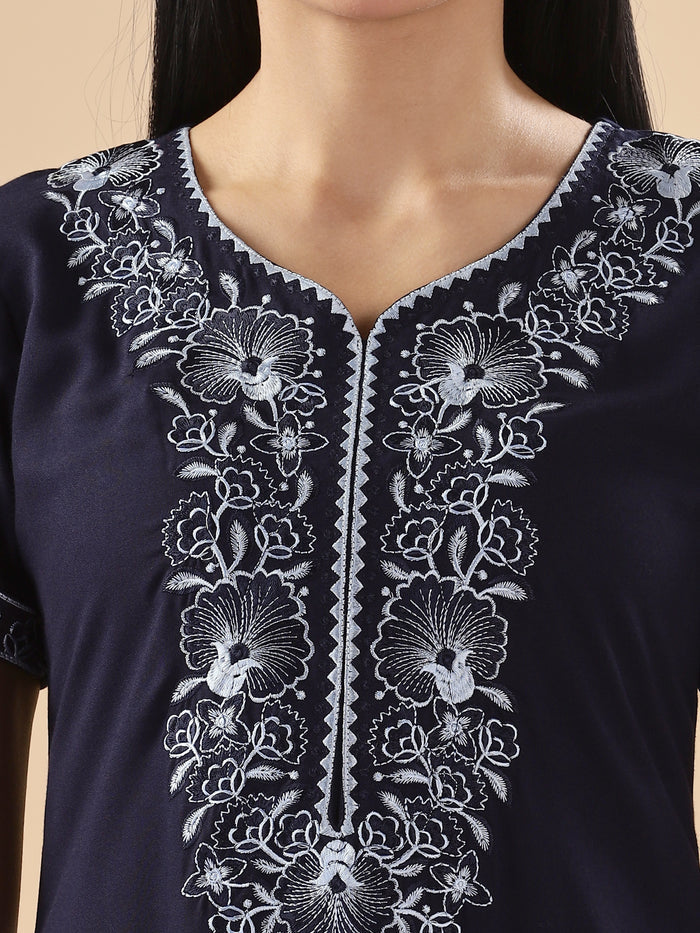 Premium Midnight Blue Floral Nighty for Women