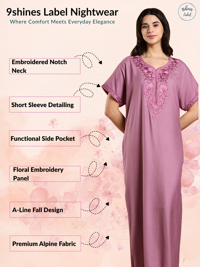 Sadabahar Onion Pink Embroidered Alpine Nighty with Soft Alpine Fabric