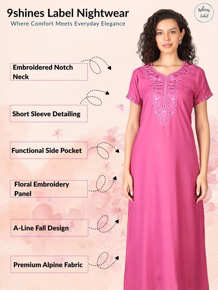 Sadabahar Rose Pink Designer Nighty with Beautiful Embroidery
