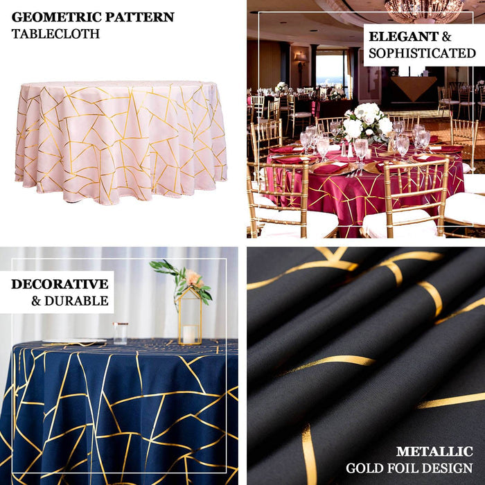 Geometric pattern tablecloth with metallic gold foil design for elegant events.