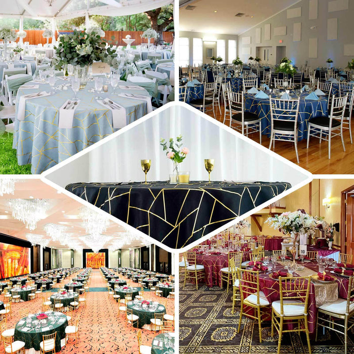 Elegant table settings with stylish tablecloths in various event spaces.