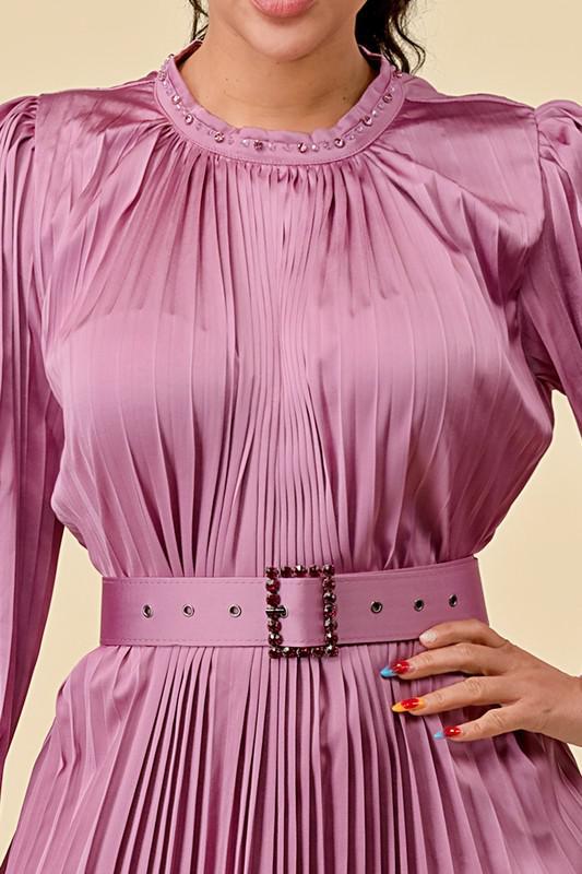 SATIN PLEATED MOCK NECK LONG DRESS W/ NECK DETAILS