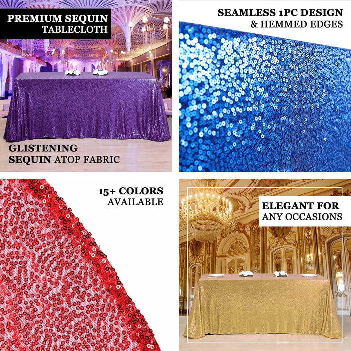 Sequin tablecloth collage with color options and event scenes