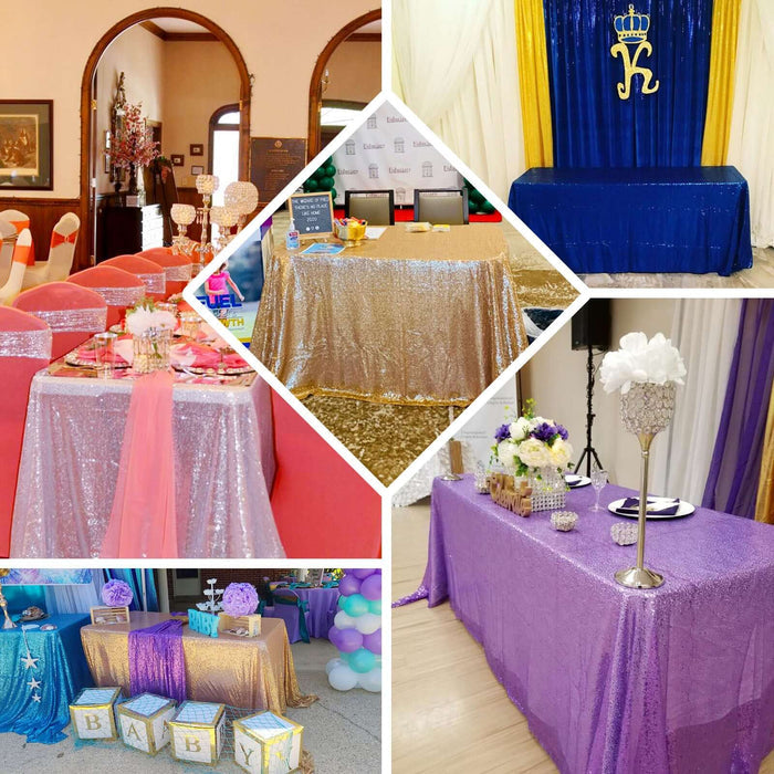 Decorative table setups with glittering tablecloths for events and celebrations.