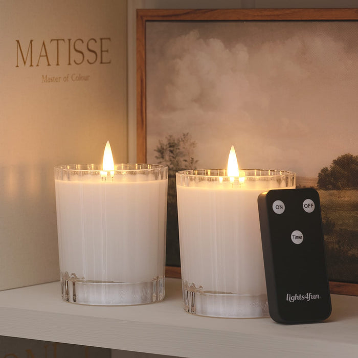 Set of 2 TruGlow® White LED Fluted Glass Candles with Remote Control