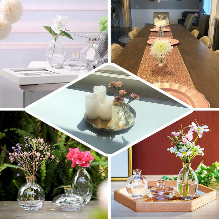 Assorted glass vases with flowers in various settings and arrangements.