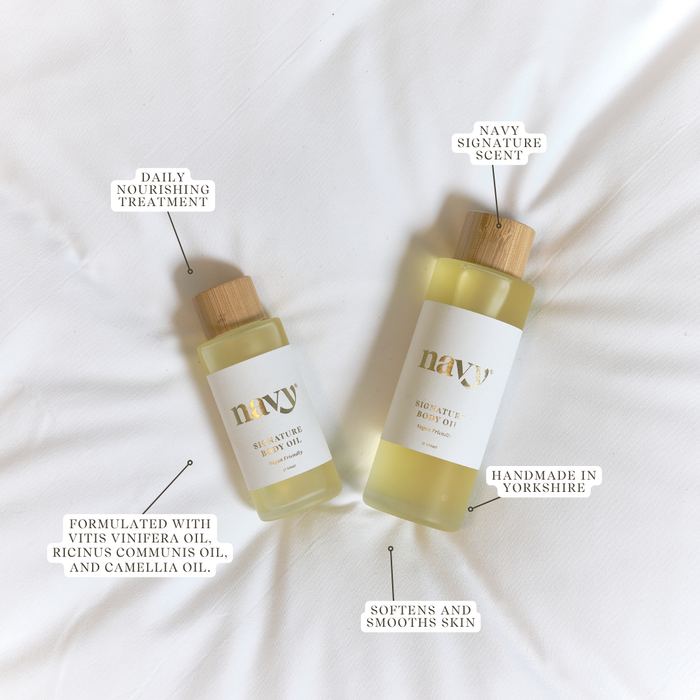 Two bottles of 'navy' skincare product on a white background with text describing ingredients and benefits.