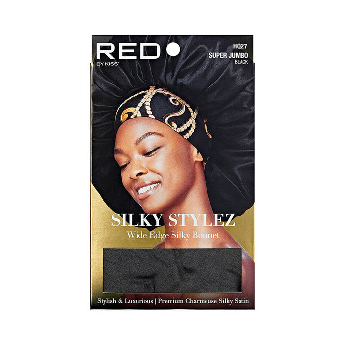 RED BEAUTY by KISS super jumbo silky bonnet for braids black wide edge silky satin bonnet on model