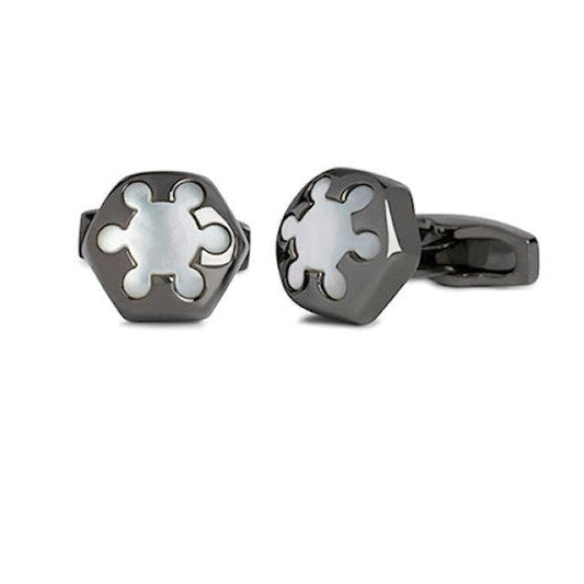 Simon Carter designer cufflinks mother of pearl hexagon shape with black metal finish