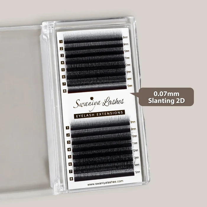 Slanting 2D Pre-Made Volume Lash Extensions 0.07mm — 8-15mm Mixed Tray| Swaniya Lashes