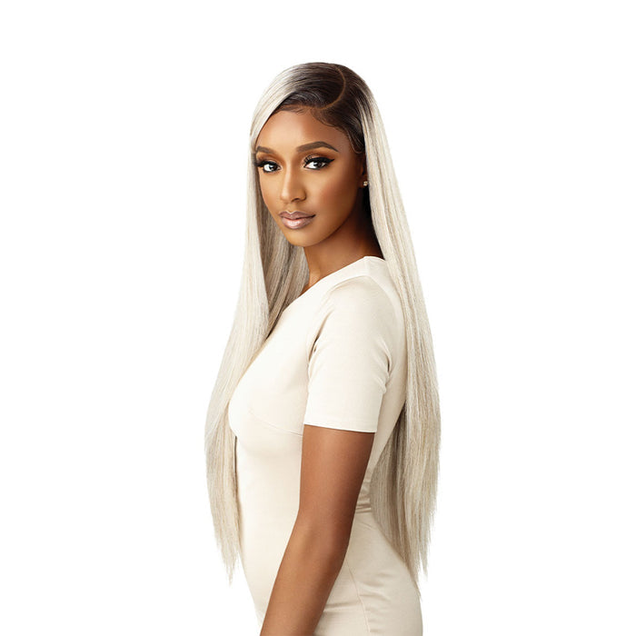 OUTRE 32 inch straight lace wig platinum blonde on model with side part long sleek straight hair