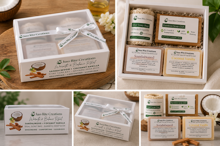 Soap Bundle showing sandalwood and coconut Vanilla natural bar soap with sisal soap bag and bamboo soap dish
