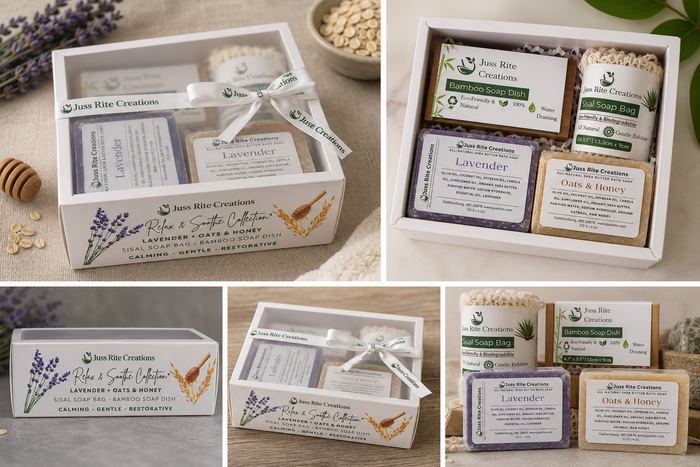 Soap Bundle showing Lavender and Oat and honey natural bar soap with sisal soap bag and bamboo soap dish