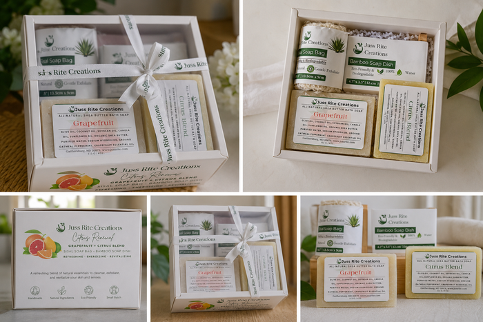 Soap Bundle showing grapefruit and citrus blend natural bar soap with sisal soap bag and bamboo soap dish