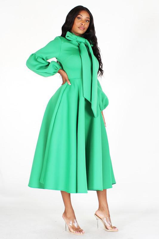 Solid Bow Tie, Puff Sleeve, Midi Dress