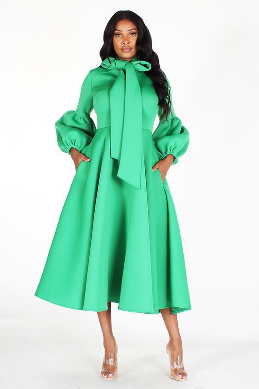 Solid Bow Tie, Puff Sleeve, Midi Dress