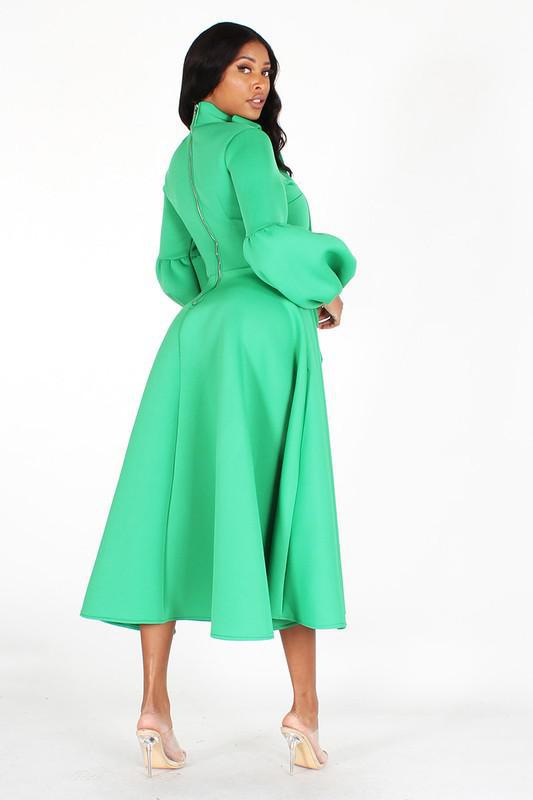Solid Bow Tie, Puff Sleeve, Midi Dress