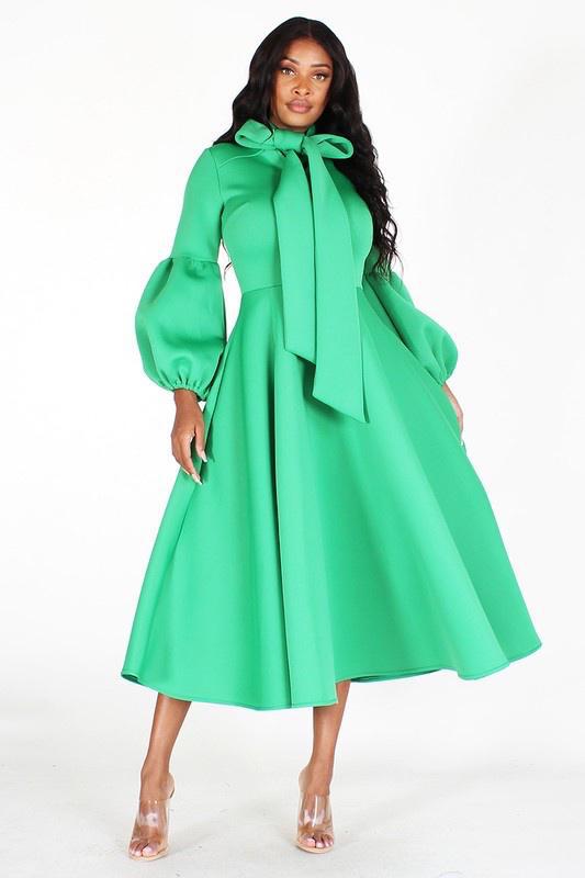 Solid Bow Tie, Puff Sleeve, Midi Dress