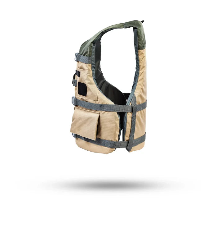 Stohlquist khaki kayaking life jacket with pockets and adjustable straps, side view