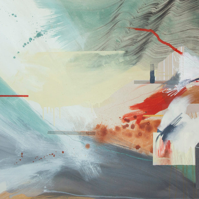 The artwork 'Spinning Stages I' by Rebecca Stern features a dynamic abstract landscape composition with sweeping brushstrokes in turquoise, coral red, and misty gray. Bold geometric shapes intersect with fluid watercolor-like textures, creating a sense of movement across the canvas. Splashes of white and soft yellow blend with stormy blue tones, suggesting a dramatic atmospheric scene.