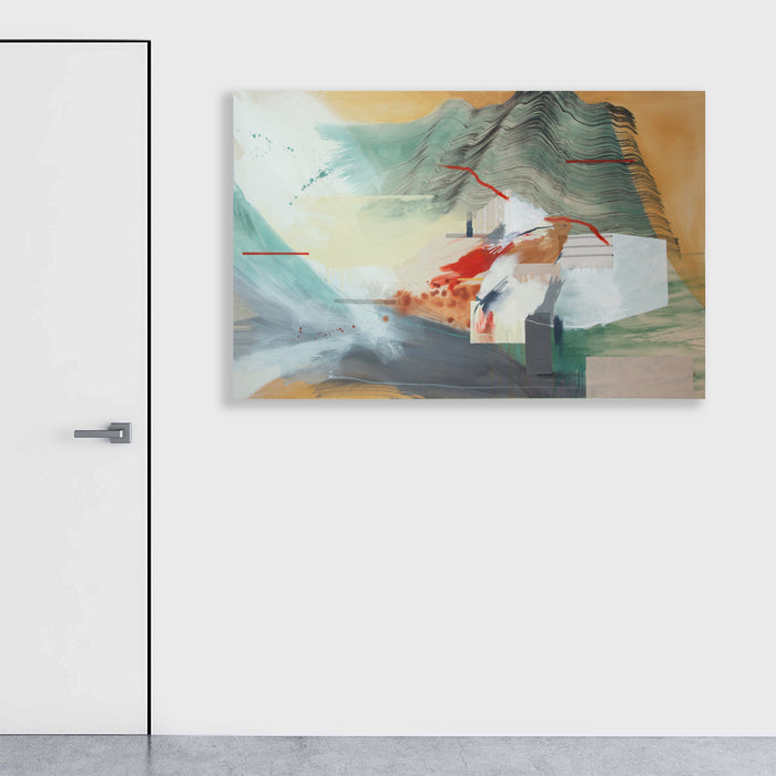 The artwork 'Spinning Stages I' by Rebecca Stern features a dynamic abstract landscape composition with layered mountains in muted teal and gray tones. Vibrant coral and orange accents create movement against a soft yellow sky, while geometric white shapes intersect the organic forms, creating depth and spatial contrast. Mixed media painting on canvas, 42x64 inches. By Rebecca Stern.