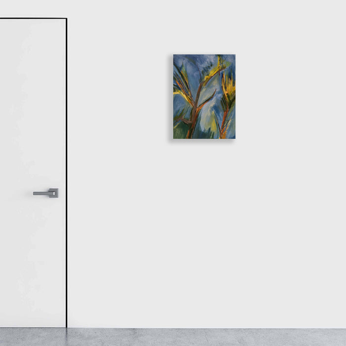 The artwork 'Spring in the Springs' by Beth Barry features vibrant yellow and orange tropical flowers with elongated stems against a swirling blue and teal background. The acrylic painting on canvas showcases dynamic brushstrokes creating movement and depth, with abstract botanical elements rendered in an impressionistic style. - Beth Barry