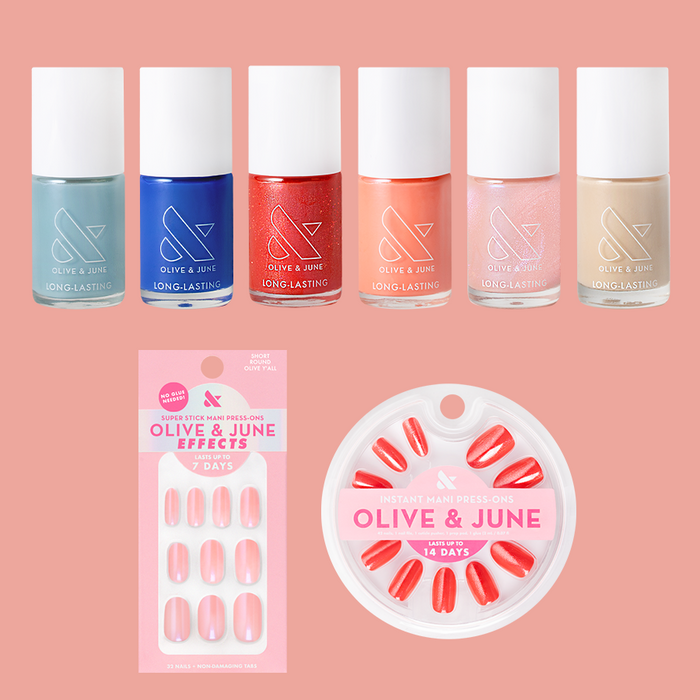 Spring Polish & Press-on Set featuring six long-lasting polish shades and two sets of easy press-on false nails for quick mani.