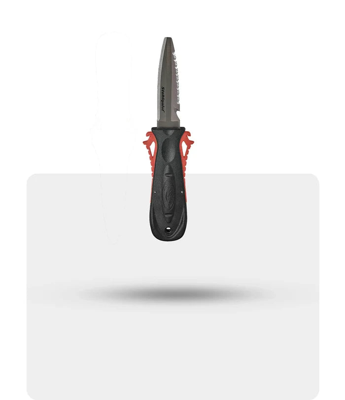 Stohlquist SqueezeLock kayak safety knife with black and red handle on white background
