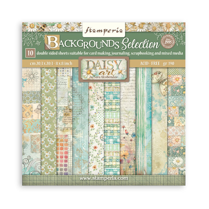 Stamperia - 8"X8" Backgrounds Paper Pad - Daisy Art. Includes 10 sheets double-sided. Available at Embellish away in Bowmanville Ontario Canada.