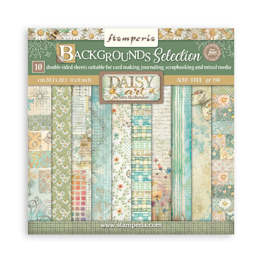 Stamperia - 8"X8" Backgrounds Paper Pad - Daisy Art. Includes 10 sheets double-sided. Available at Embellish away in Bowmanville Ontario Canada.