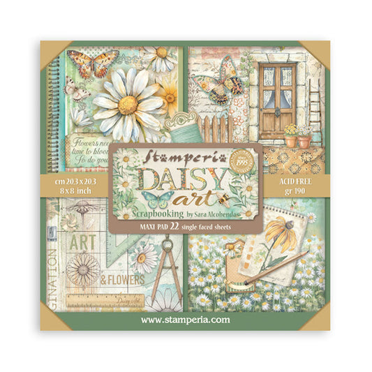Stamperia - 8X8 Maxi Paper Pad - Daisy Art. Includes 22 sheets. Available at Embellish Away located in Bowmanville Ontario Canada.