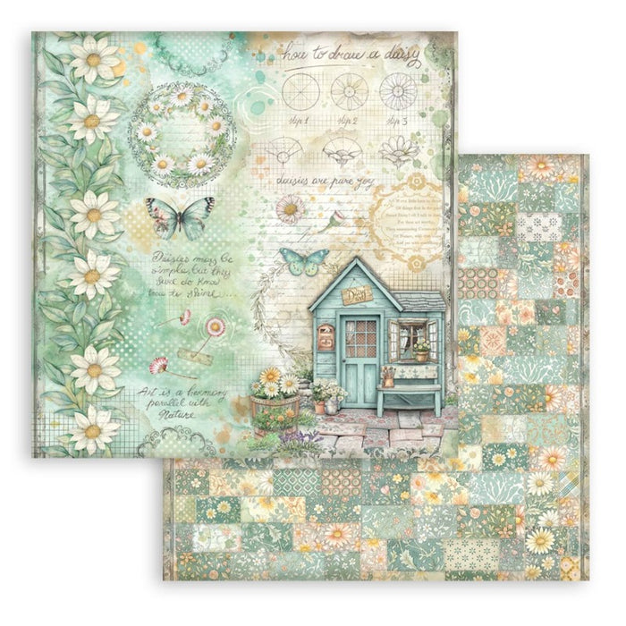 Stamperia - 8X8 Paper Pad - Daisy Art. 10 sheets. Available at Embellish Away located in Bowmanville Ontario Canada.