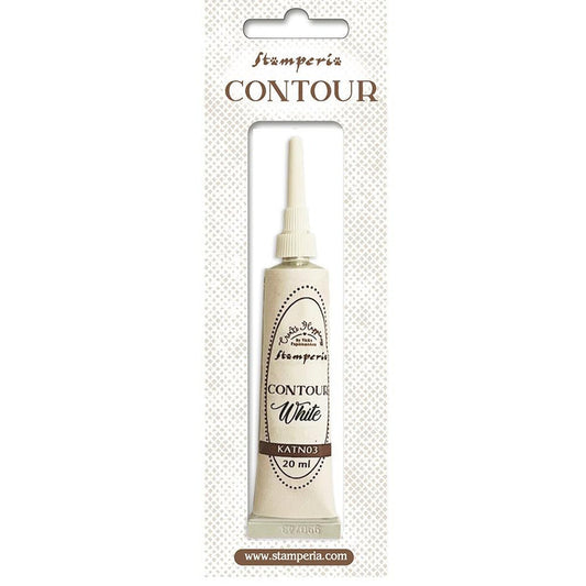 Stamperia - Create Happiness - Contour Liner - 20ml - White. The Stamperia Create Happiness Contour Liner comes in a tube of approximately 20 ml and features a fine tip, ideal for drawing, highlighting patterns, and creating 3D decorations. Available at Embellish Away located in Bowmanville Ontario Canada.