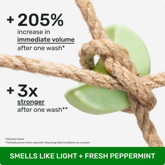 205% increase in immediate volume after one wash* Clincally tested

3X stronger after one wash ** clincally proven when used with Volumising Solid Conditioner as a system.

Smells like light + fresh peppermint