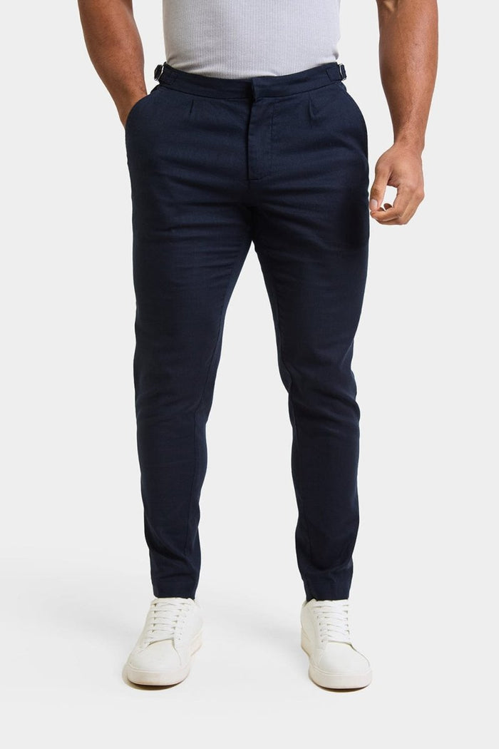 Linen Blend Cropped Pleated Pants in Navy - TAILORED ATHLETE - USA