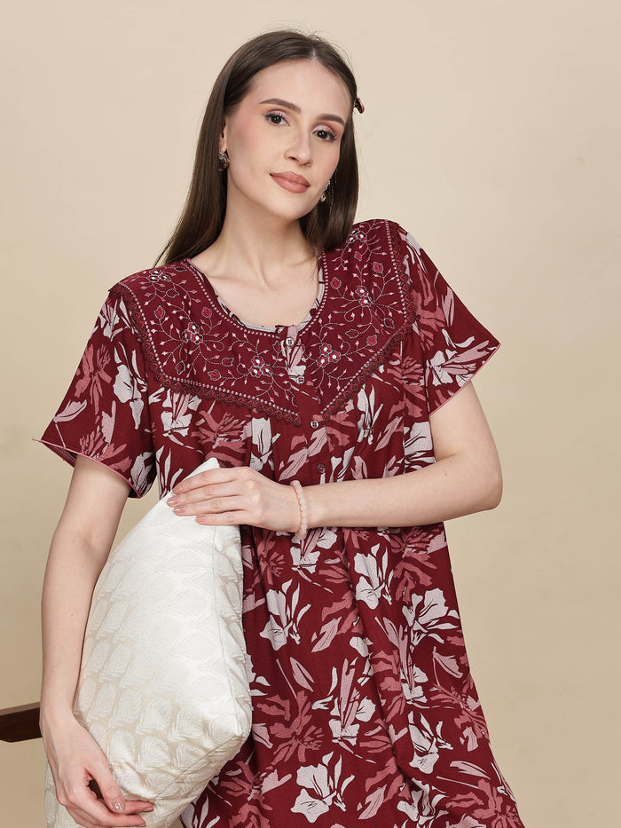 Stylish Embroidered Red Floral Nightdress For Women